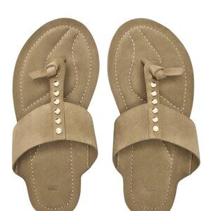 ZARA FLAT SPLIT SUEDE SLIDER SANDALS WITH STUDS Beige SIZE 10 | 1631/110/102